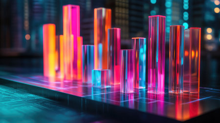 A vibrant and colorful abstract data visualization featuring translucent bars illuminating in various hues. Ideal for technology and business themes.の素材