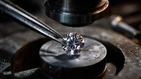 This captivating image features a precision tool holding a stunning diamond on a workstation, highlighting the artistry and craftsmanship in jewelry-making.の素材