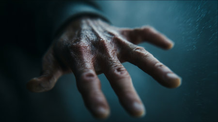 A dramatic close-up of a human hand reaching out, highlighting the intricate details of skin texture and emotional expression, set against a captivating background.の素材