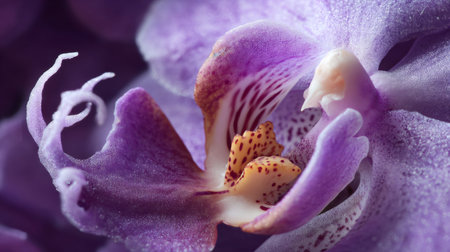 Stunning close-up of a purple orchid flower revealing intricate petal details and textures, perfect for nature lovers and botanical art enthusiasts seeking beauty in flora.の素材