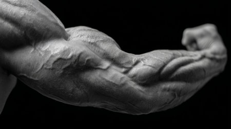 This striking black and white image of a muscular arm highlights the intricate details of muscle definition and vascularity, emphasizing strength and dedication.の素材