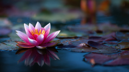 A stunning pink water lily gracefully floats on a calm water surface, surrounded by green leaves, embodying tranquility and natural beauty in a serene environment.の素材