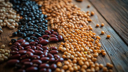A vibrant display of assorted dried legumes arranged on rustic wood, showcasing various colors and textures ideal for healthy cooking and nutrition.の素材