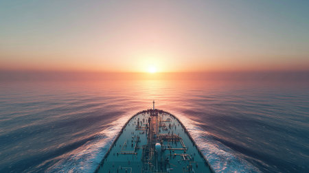 A stunning sunset over a calm ocean with a ship's bow cutting through the water. The warm colors create a tranquil atmosphere, perfect for travel themes.の素材