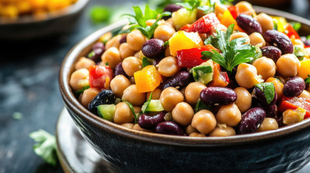 A vibrant bean salad featuring a medley of chickpeas, black beans, and fresh vegetables. Perfect for a nutritious meal or refreshing snack.の素材