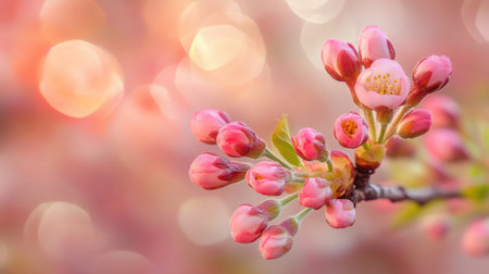 A serene close-up of cherry blossom buds against a dreamy bokeh background, capturing the essence of spring and nature's beauty in vibrant pink hues.の素材