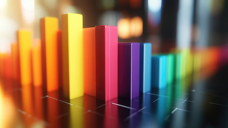 Vibrant chart bars standing against a dark background illustrate data analysis and business growth. Perfect for presentations and creative projects.の素材