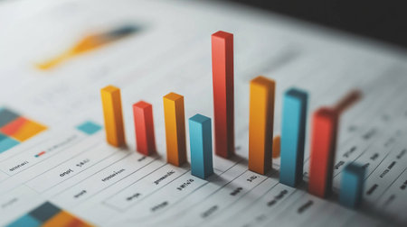 A close-up of colorful bar graphs presented on a business report, symbolizing data analysis and financial growth, perfect for marketing and strategy use.の素材