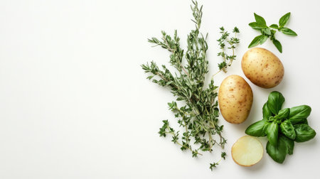 A vibrant composition of fresh potatoes and aromatic herbs on a clean background. Ideal for culinary projects, recipe blogs, and food marketing.の素材