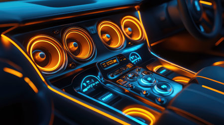 This captivating image showcases a futuristic car interior illuminated with vibrant neon accents, highlighting an advanced dashboard and audio system, perfect for modern vehicle concepts.の素材