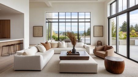 A stylish modern living room featuring comfortable furniture and large windows that showcase a scenic view. Ideal for relaxation and aesthetic appeal.の素材