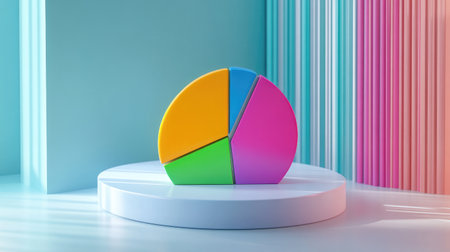 A vibrant and modern 3D pie chart on a circular platform, surrounded by colorful backgrounds. Perfect for business presentations and data analysis visualizations.の素材