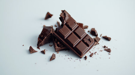 A rich dark chocolate bar slightly broken, surrounded by crushed pieces, perfect for depicting indulgence, sweetness, and culinary delight in food photography.の素材
