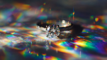 This exquisite photograph features a radiant diamond ring surrounded by mesmerizing reflections, creating a colorful and enchanting visual atmosphere perfect for luxury themes.の素材