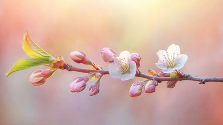 A delicate cherry blossom branch displays soft pink buds and blooms under warm sunlight. Perfect for illustrating themes of spring, beauty, and tranquility.の素材