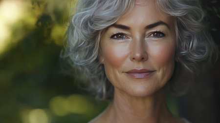 This portrait captures a confident mature woman with elegant gray hair, showcasing her serene beauty and warm expression amidst a natural backdrop.の素材