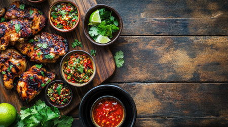A vibrant arrangement of grilled chicken with a variety of spicy dips and fresh ingredients on a rustic wooden table, perfect for outdoor dining.の素材