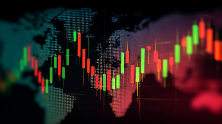 A captivating visual of a stock market chart overlaying a world map, showcasing financial trends and economic shifts in global investment markets with vivid colors.の素材