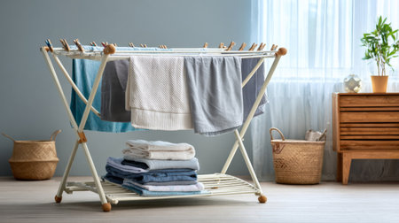 This serene image showcases an indoor laundry drying rack displaying fresh towels and clothes, set in a cozy room with soft sunlight, enhancing domestic tranquility.の素材