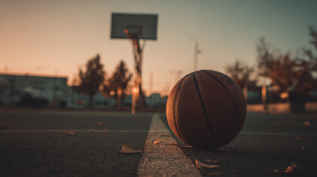 A serene image of a basketball resting on the court during sunset, surrounded by trees. The warm light and peaceful atmosphere capture a moment of urban leisure and sport.の素材