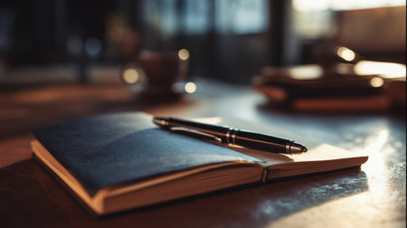 A serene and inviting scene featuring an open dark notebook and a sleek pen placed on a wooden desk, illuminated by warm evening light, perfect for inspiring creativity.の素材