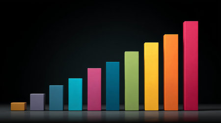 This vibrant 3D bar graph visually represents growth and progress with colorful bars on a dark background, ideal for business, finance, and analytical concepts.の素材