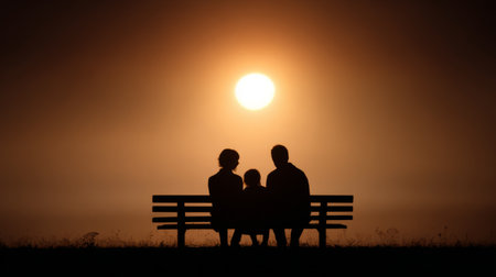 A heartwarming silhouette of a family sitting on a bench during sunset, capturing the essence of togetherness and warmth in a peaceful outdoor environment.の素材
