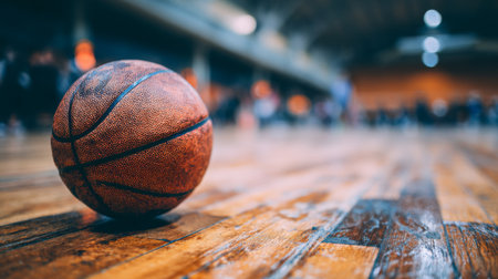 A close-up view of a basketball resting on a polished wooden court. Blurred figures of players compete in the background, emphasizing the excitement of the game.の素材