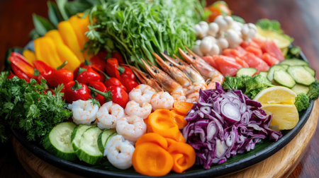 A vibrant platter showcasing an assortment of fresh vegetables and seafood. Ideal for healthy eating, meal prep, or a colorful appetizer for gatherings.の素材