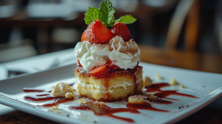 A vibrant dessert featuring a moist cake layered with strawberries and whipped cream. Perfect for sweet indulgence in any restaurant setting.の素材