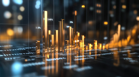 A dynamic financial data visualization featuring glowing bars and graphs. Perfect for representing analysis, growth, and market trends in modern business environments.の素材