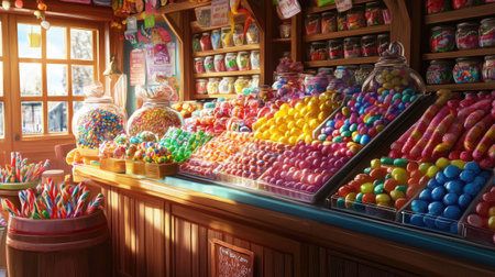 Explore a vibrant candy store filled with colorful sweets and treats. This delightful setting captures the joy and nostalgia of indulging in delicious confections.の素材