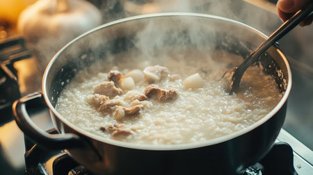 A steaming pot of soup simmering on the stove, showcasing fresh ingredients and rich flavors. Perfect for a cozy meal at home or for family gatherings.の素材
