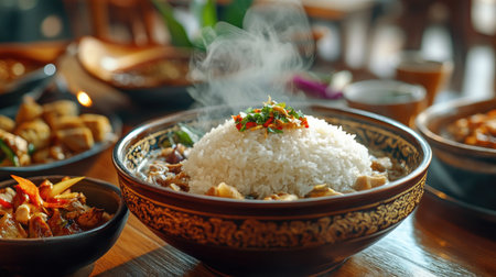 A vibrant bowl of steaming rice topped with fresh herbs, surrounded by delicious side dishes in a cozy dining setting, perfect for showcasing culinary delights.の素材