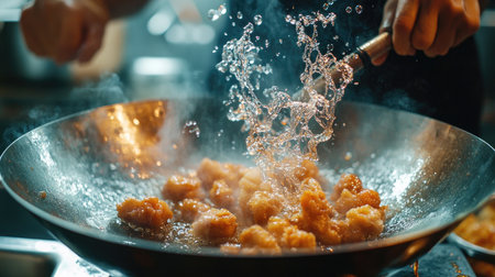 A dynamic cooking scene capturing water splashes and steam in a wok during frying, showcasing vibrant ingredients and culinary artistry in a kitchen.の素材