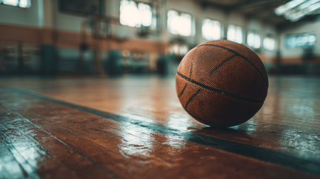 A basketball rests on a polished gym floor, showcasing its texture and detail. The scene captures the essence of sport, training, and excitement in an indoor setting.の素材