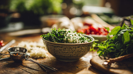 Vibrant arrangement of fresh herbs and vegetables on a wooden table, showcasing the essence of cooking with natural light, perfect for culinary inspiration and meal preparation.の素材