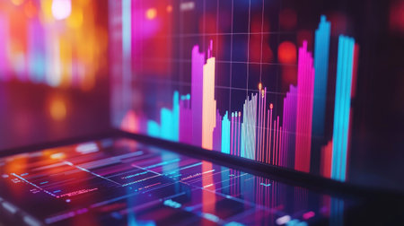 A digital screen displaying vibrant graphs and data visualizations, showcasing trends and metrics for business analysis and performance insights.の素材