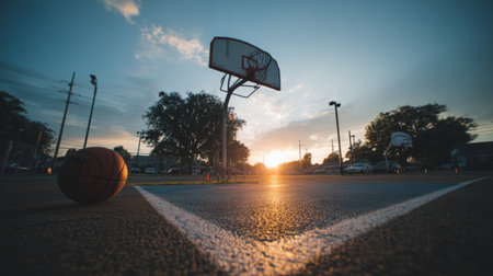 A captivating sunset view of a basketball court featuring a hoop and a ball that captures the essence of community recreation in the evening light.の素材