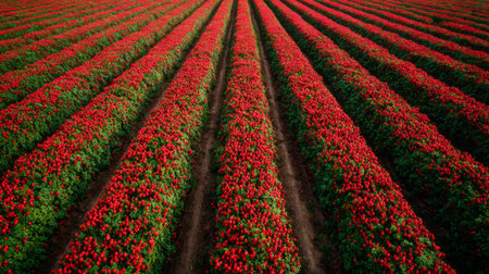 A stunning aerial view of a vibrant red flower field, showcasing rich color patterns and the tranquility of nature in its full bloom during sunny weather.の素材