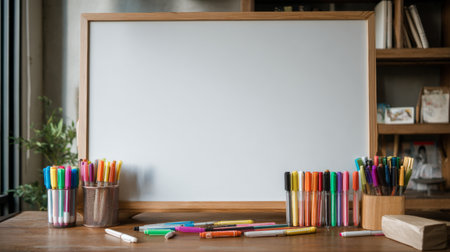 A vibrant selection of colored markers are displayed around an empty whiteboard in a cozy workspace. Perfect for creative projects, planning sessions, or educational settings.の素材