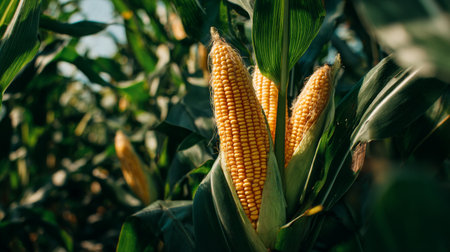 Beautiful close-up view of ripe corn cobs nestled among healthy green foliage, showcasing agricultural beauty under bright sunlight in a serene field setting.の素材