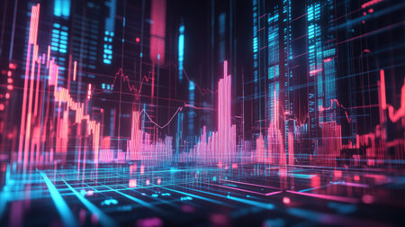 This digital artwork portrays a vibrant data visualization landscape featuring neon colors. It embodies technology and analytics, perfect for modern business and finance themes.の素材