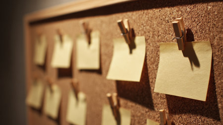 A close-up view of yellow sticky notes attached to a corkboard with clothespins, perfect for brainstorming, reminders, and organizing thoughts in an office or creative space.の素材