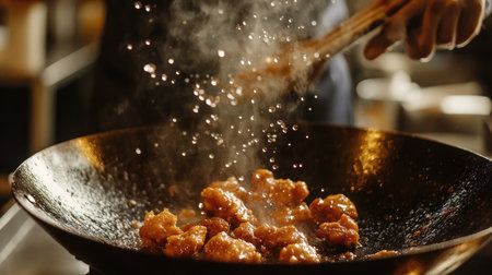 A chef skillfully cooks chicken in a wok, creating a dramatic splatter of flavors and steam, showcasing the art of culinary preparation and vibrant cooking techniques.の素材