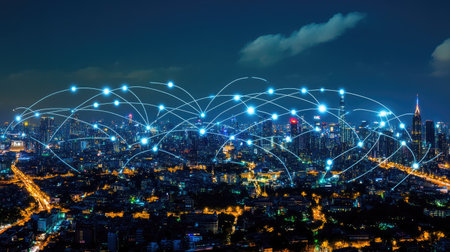 A vibrant urban skyline at night, enhanced with digital connectivity visuals, representing modern technology and communication in a bustling city environment.の素材