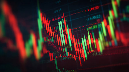 Close-up view of a financial chart with vibrant red and green candlesticks, illustrating market fluctuations and investment trends in a digital format, ideal for analytics.の素材