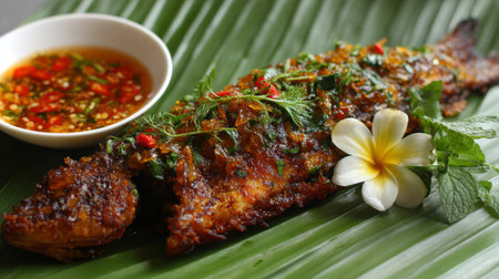 This visually appealing image showcases grilled fish adorned with herbs and spices served on a banana leaf, accompanied by a vibrant chili sauce and tropical flowers.の素材
