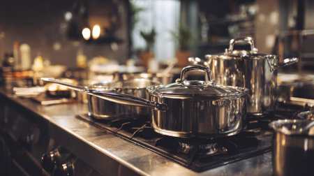 A bright and modern kitchen features a stainless steel cookware set, showcasing pots and pans on a stove, highlighting culinary creativity and kitchen design.の素材