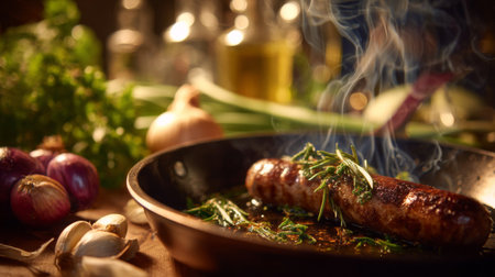 A beautifully cooked sausage garnished with fresh herbs creates a warm and inviting kitchen scene, showcasing the artistry of home cooking and culinary passion.の素材